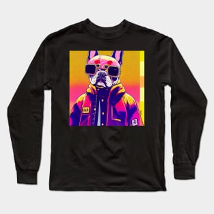 Dog Frenchie as anime retrowave Long Sleeve T-Shirt